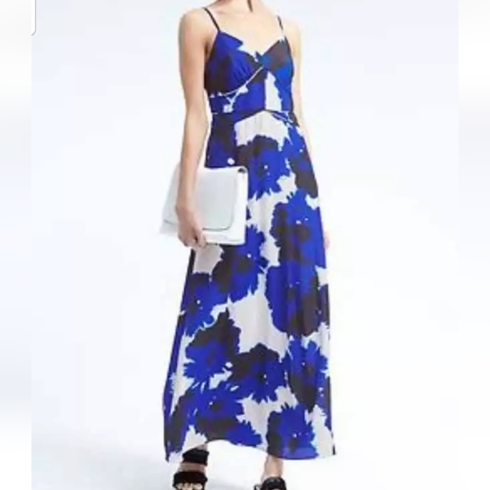 NWT Banana Republic Blue White Floral Piping Maxi Dress Size 2
